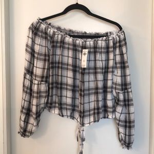 Off shoulder, black and white plaid top